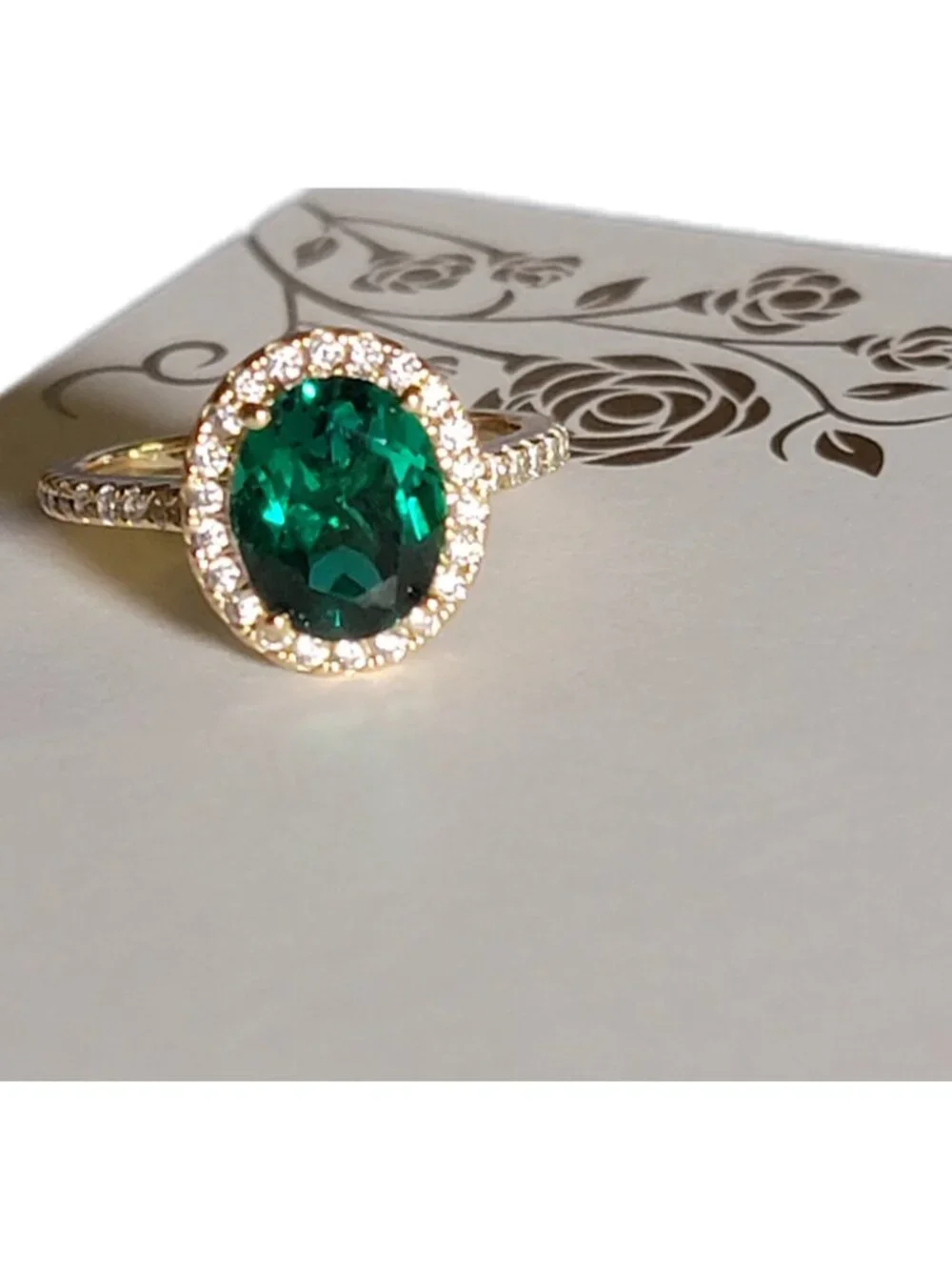 3ct Lab Grown Emerald Halo Ring 925 Silver Champagne Gold Size 7 NWT